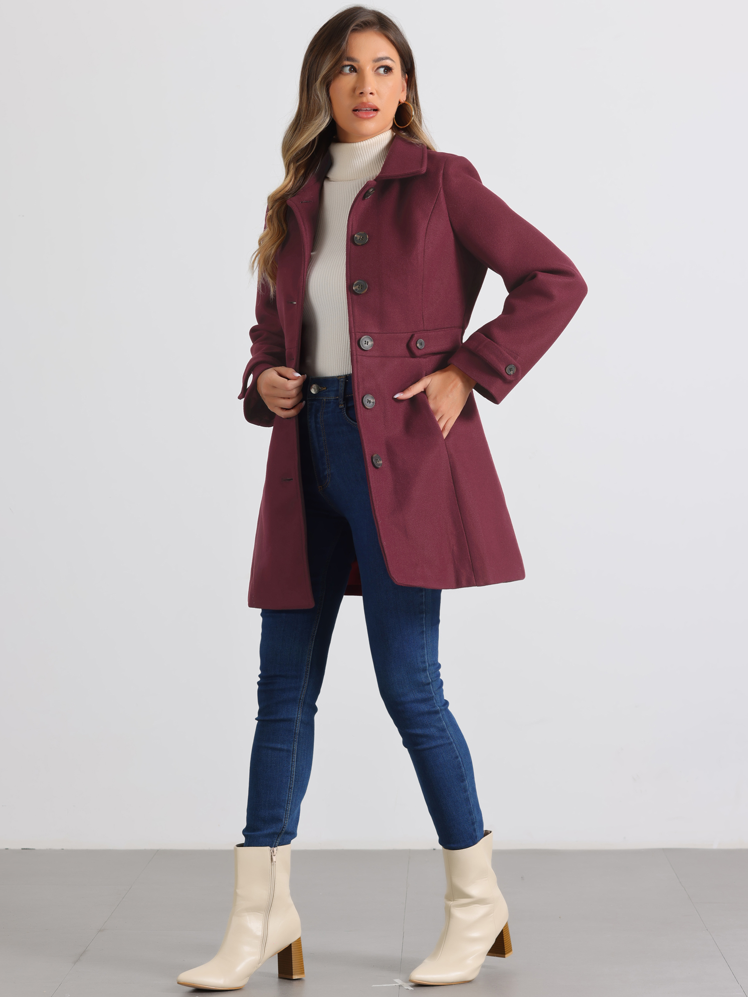 DARING DIVA Women's Single Breasted Long Outwear Winter Coat Burgundy XL