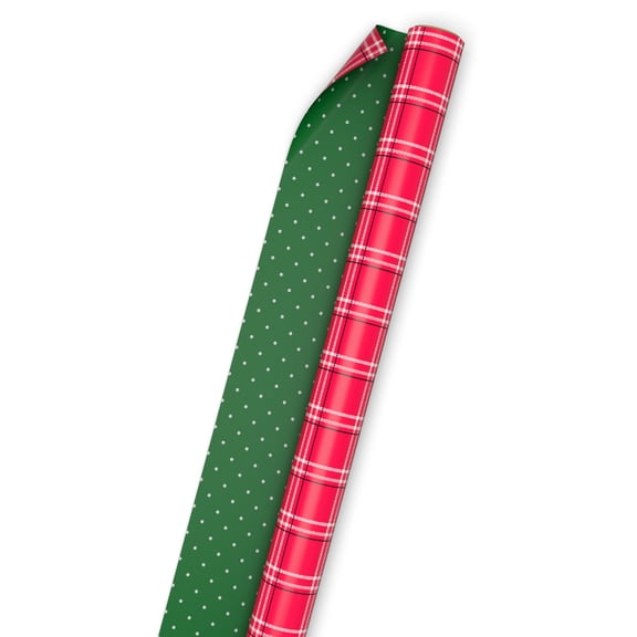 Hallmark Jumbo Holiday Reversible Wrapping Paper Roll (Red Plaid and Green Dots) 60 sq. ft.