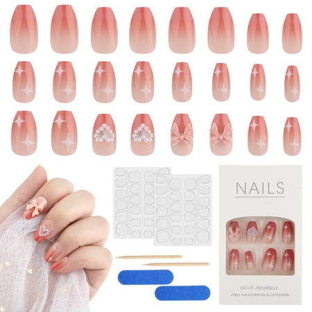 EEEkit Press on Nails, 3D Pearl Bow Knot Fake Nails, 24pcs Gradient Pink Acrylic Nails False Nails