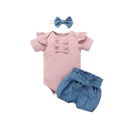 

Canrulo Newborn Infant Baby Girl Clothes Short Sleeve Solid Romper Striped Shorts Bowknot Headband Sets Blue 12-18 Months
