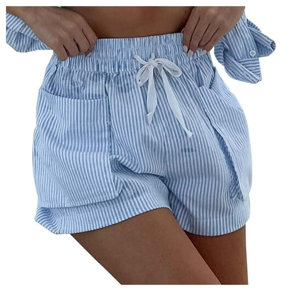 xingwang Clearance Plus Size Shorts for Women High Waisted,Women's Casual Striped Shorts With Drawstring Elastic Waist Loose Fitting Design With Large Pockets For Home And Vacation Blue S