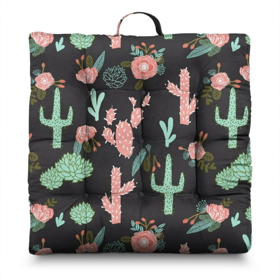 Boho Cactus Meditation Cushion - Thick Square Floor Pillow for Adults with Succulent Design, Supportive PP Cotton Filling for Yoga & Relaxation