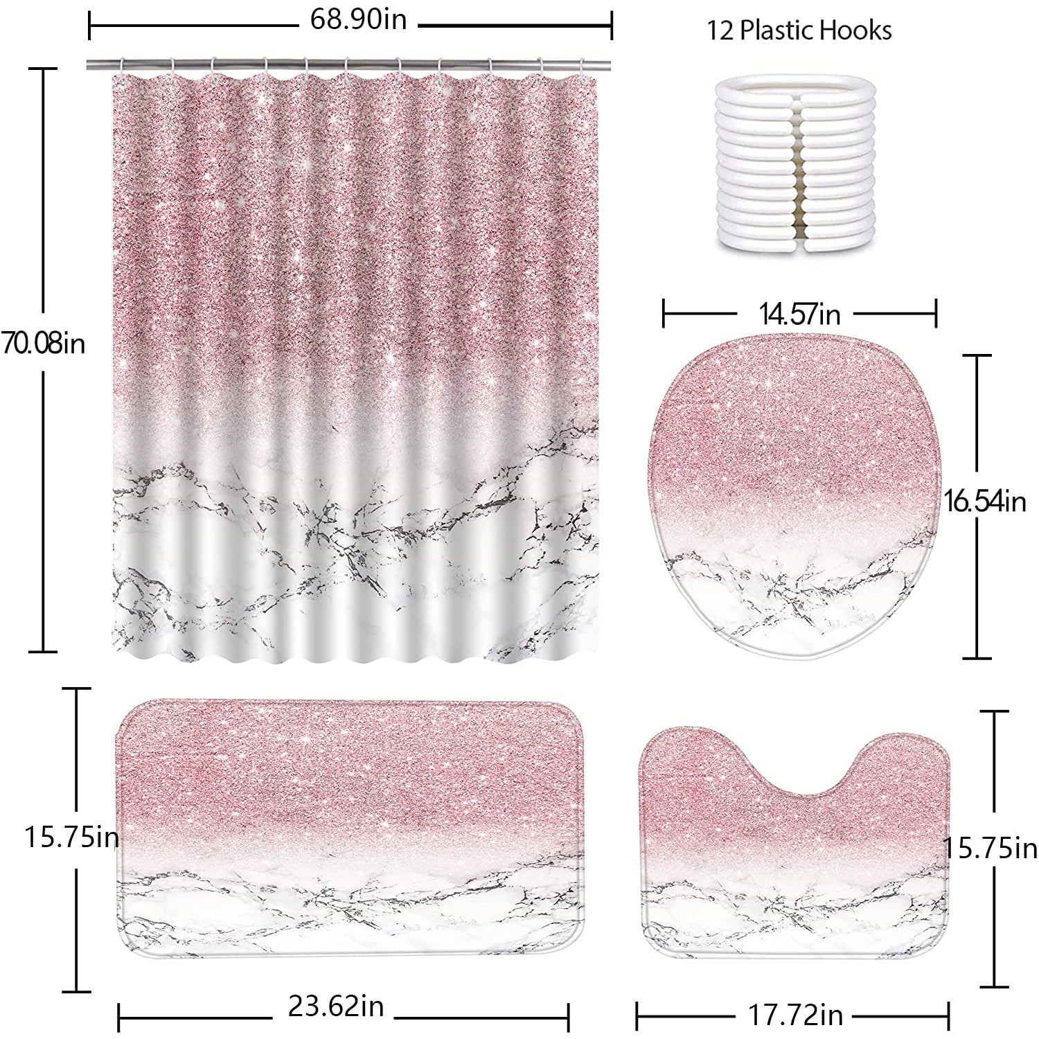 FRAMICS Pink Shiny (No Glitter) Marble Shower Curtain and Rug Sets, 16-Piece Modern Bathroom Sets, Waterproof Fabric Shower Curtain with 12 Hooks and Toilet Rugs