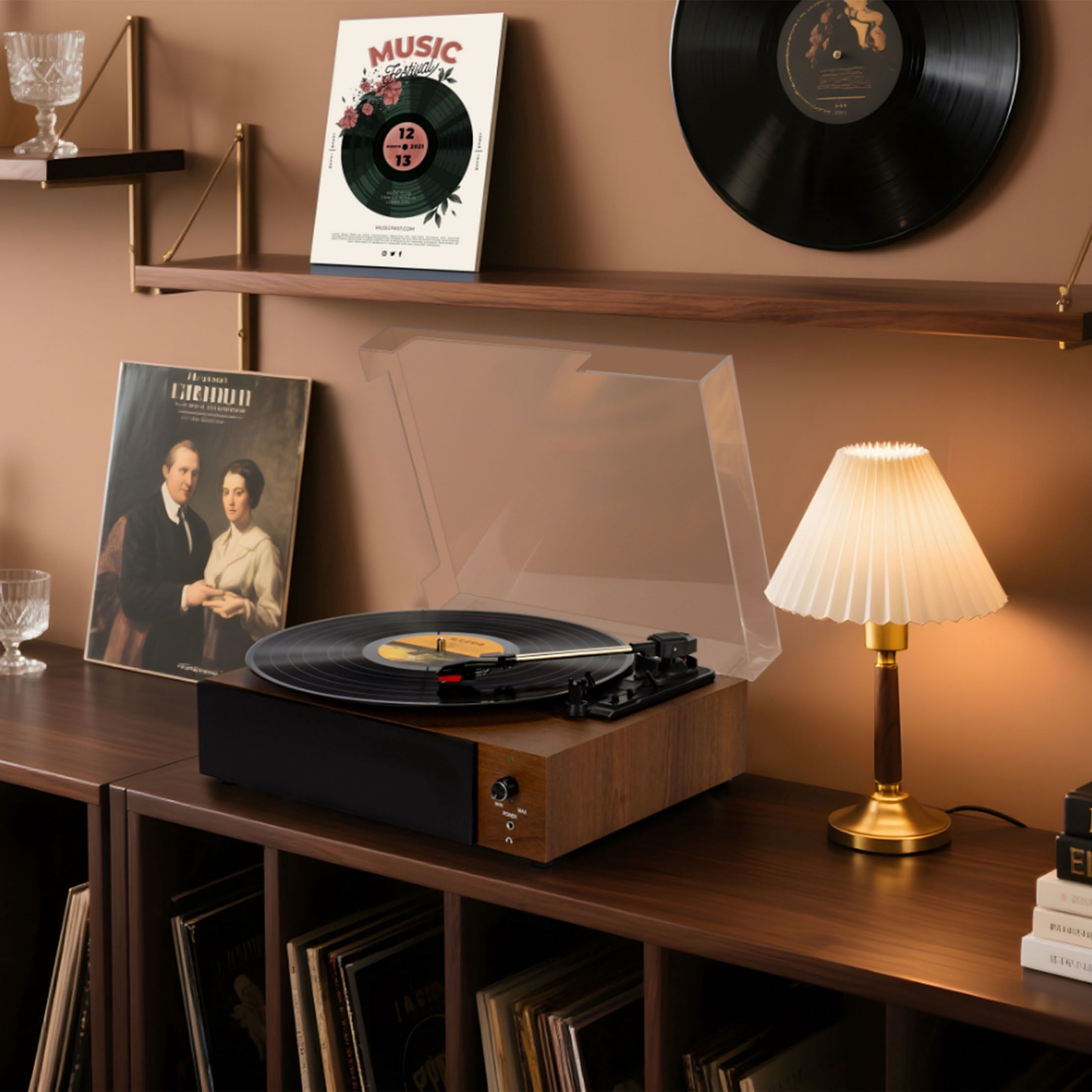 Core Innovations Wireless Bluetooth Turntable, 3-Speed Vinyl Record Player with Built-In Speakers, Wood Finish & Clear Dust Cover