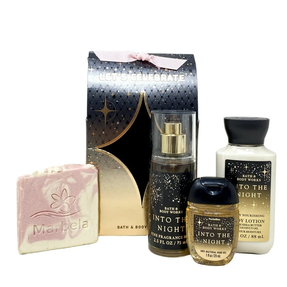 Bath & Body Works Into The Night Let's Celebrate Mini Gift Bag Trio Bundle - Fragrance Mist - Body Lotion and Hand Gel - with a Marbela Himalayan Salts Springs Sample Soap - Travel Size