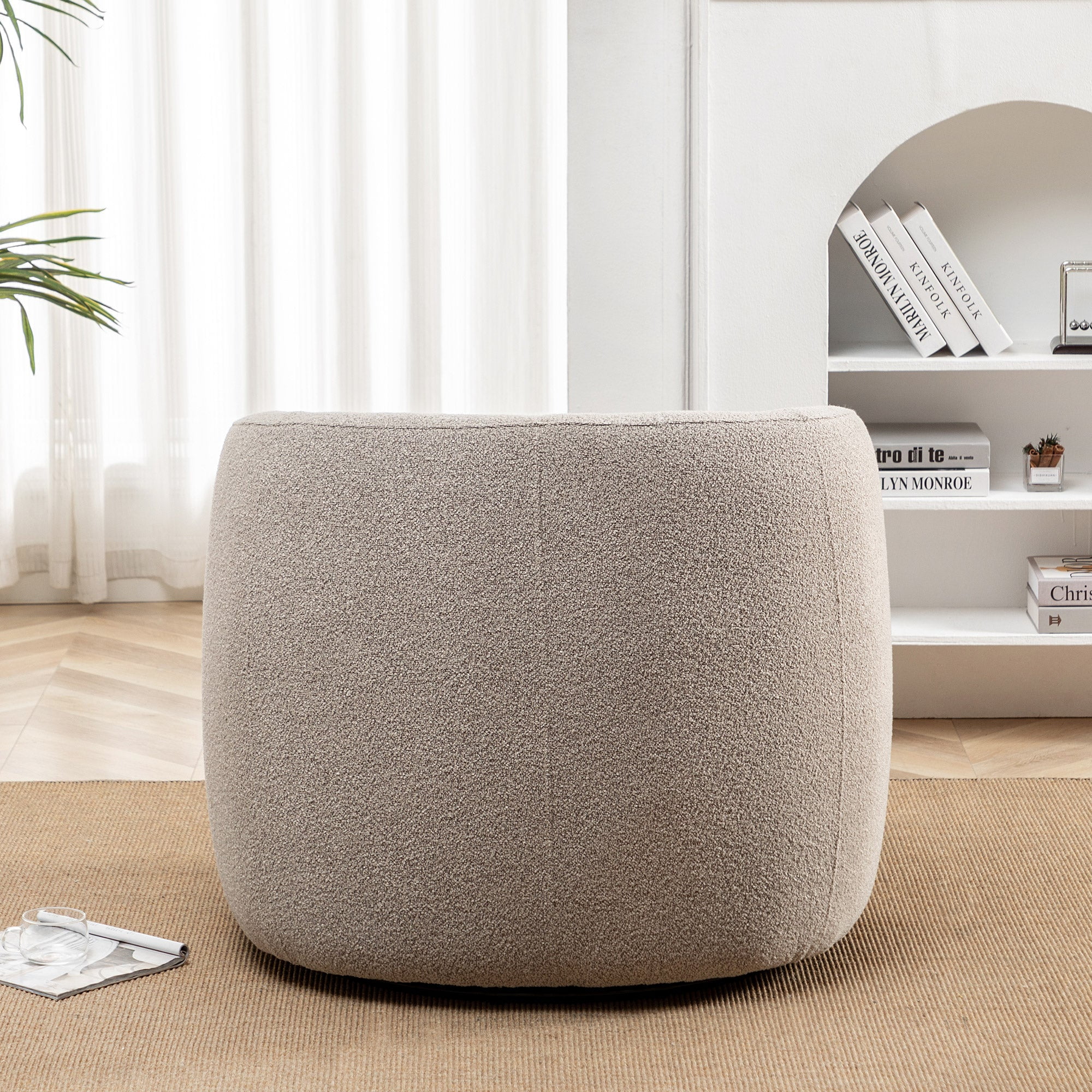 34" Wide Boucle Swivel Barrel Chair, No Assembly Round Upholstered Armchair Accent Chair Single Sofa Chair with Toss Pillow for Living Room and Bedroom, Taupe