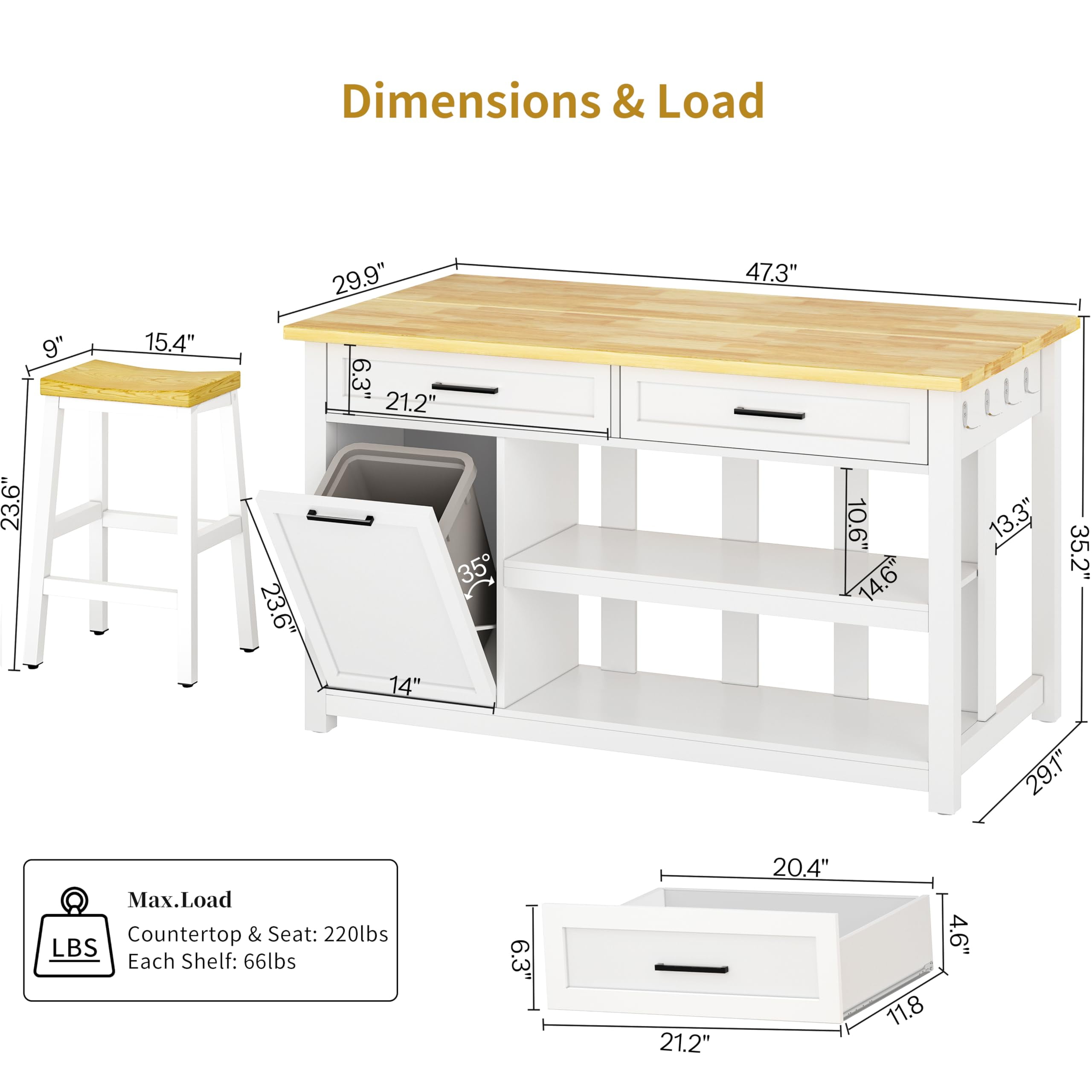 ChicZhiNest Kitchen Island with Seating Include 2 Stools, 47" Solid Rubberwood Dining Table with Power Outlet, 6 Hooks, Kitchen Bar Table Set with 2 Drawers & Open Shelves Storage Cabinet, White