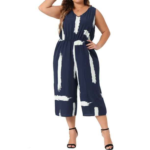 FAB CURVES Mono de mujer de talla grande con escote en V, sin mangas, con cinturón y bolsillos 4X azul marino