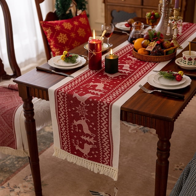 Mantel de Navidad rojo 35x210 pulgadas - Decoración impermeable de poliéster para la mesa de comedor, armario de la tele, mesa de centro con patrón de árbol festivo y copo de nieve