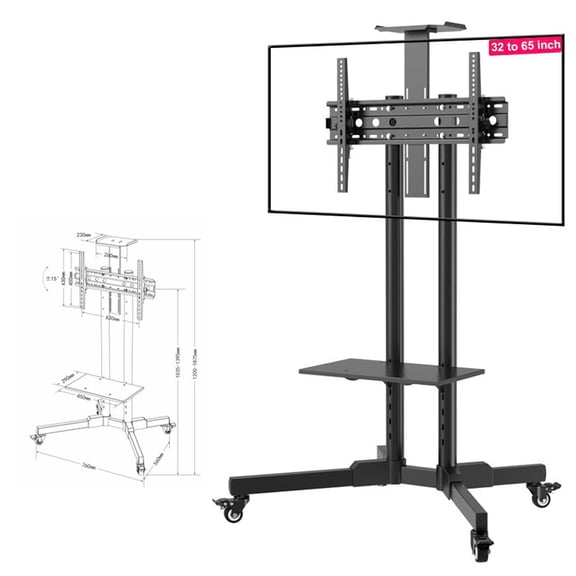 Mobile TV Cart Rolling Stand for 32-65 Inch Screens Up to 110Lbs, Portable Tilt TV Stand on Wheels with Height Adjustable Shelf, Outdoor Floor Stands Mount for Home Office Black