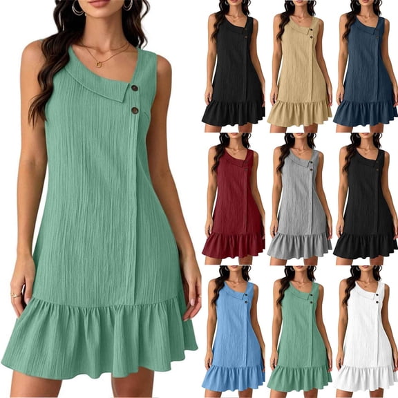 Women's Sleeveless Ruffle Hem Mini Dress Ribbed Textured Shift Dress Asymmetrical Neck Summer Beach Sundress Street Casual Outfit White
