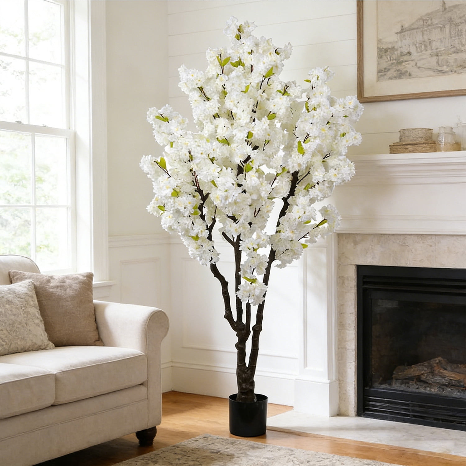 HPNIUB Cherry Blossom Artificial Tree Handmade White Flowers with Faux Leaves Indoor Outdoor Decor for Home Office Spring Party Wedding 6 ft