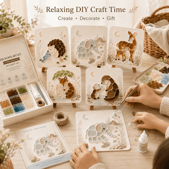DIY Sea Glass Art Kit, 3D Animal Mosaic Craft Kit for Adults Beginners, Handmade Glass Art with Display Easel, Cozy Home Decor Creative Birthday Holiday Gift