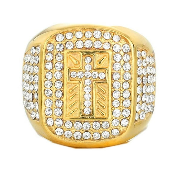 PAMTIER Men's Stainless Steel Jewelry Vintage Hip Hop Micro Pave CZ Cross Ring Gold Size 12