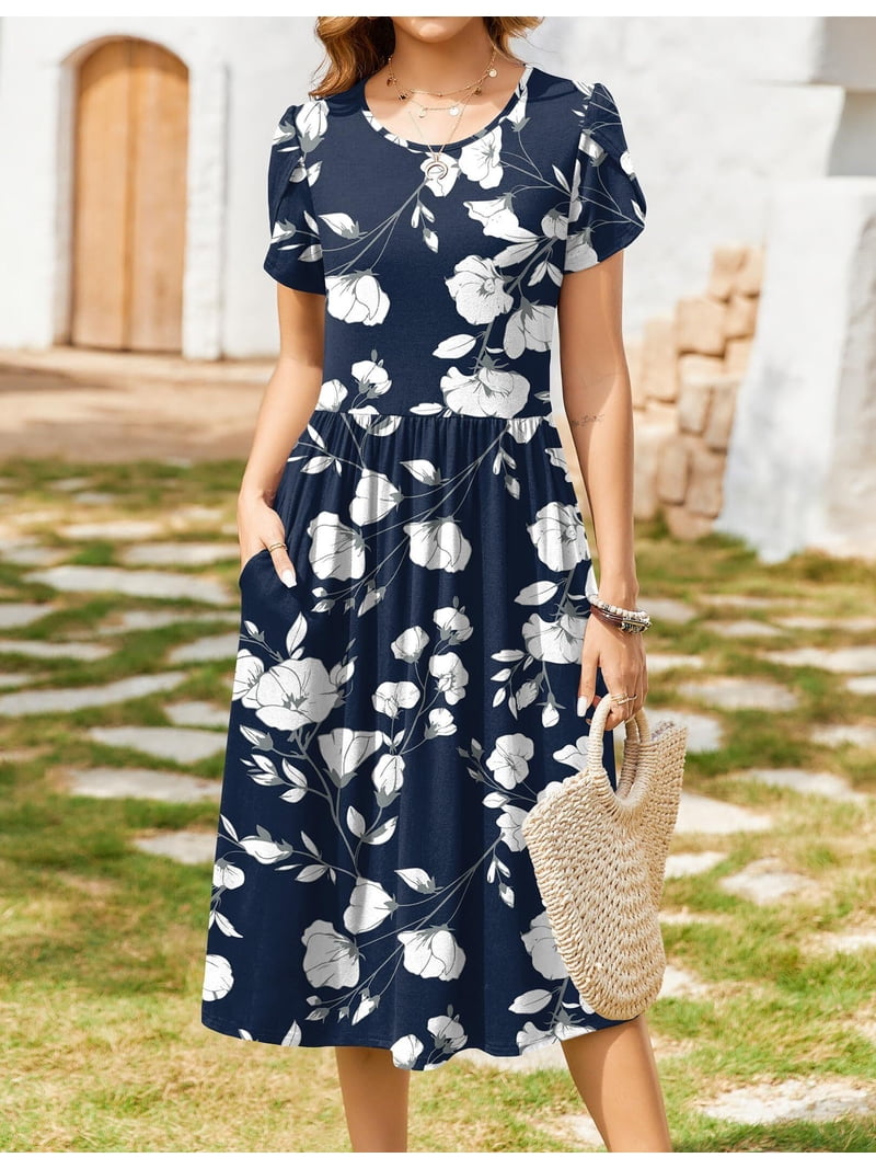Zeagoo Floral Casual Dresses Modest Tshirt Dress Aline Midi Dress Floral  Boho Sundress with Pockets Cotton Ladies Summer Dress Travel Dress Holiday  ...