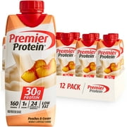 Angle View: Premier Protein Shake, Peaches and Cream, 30g Protein, 11 Fl Oz, 12 Ct