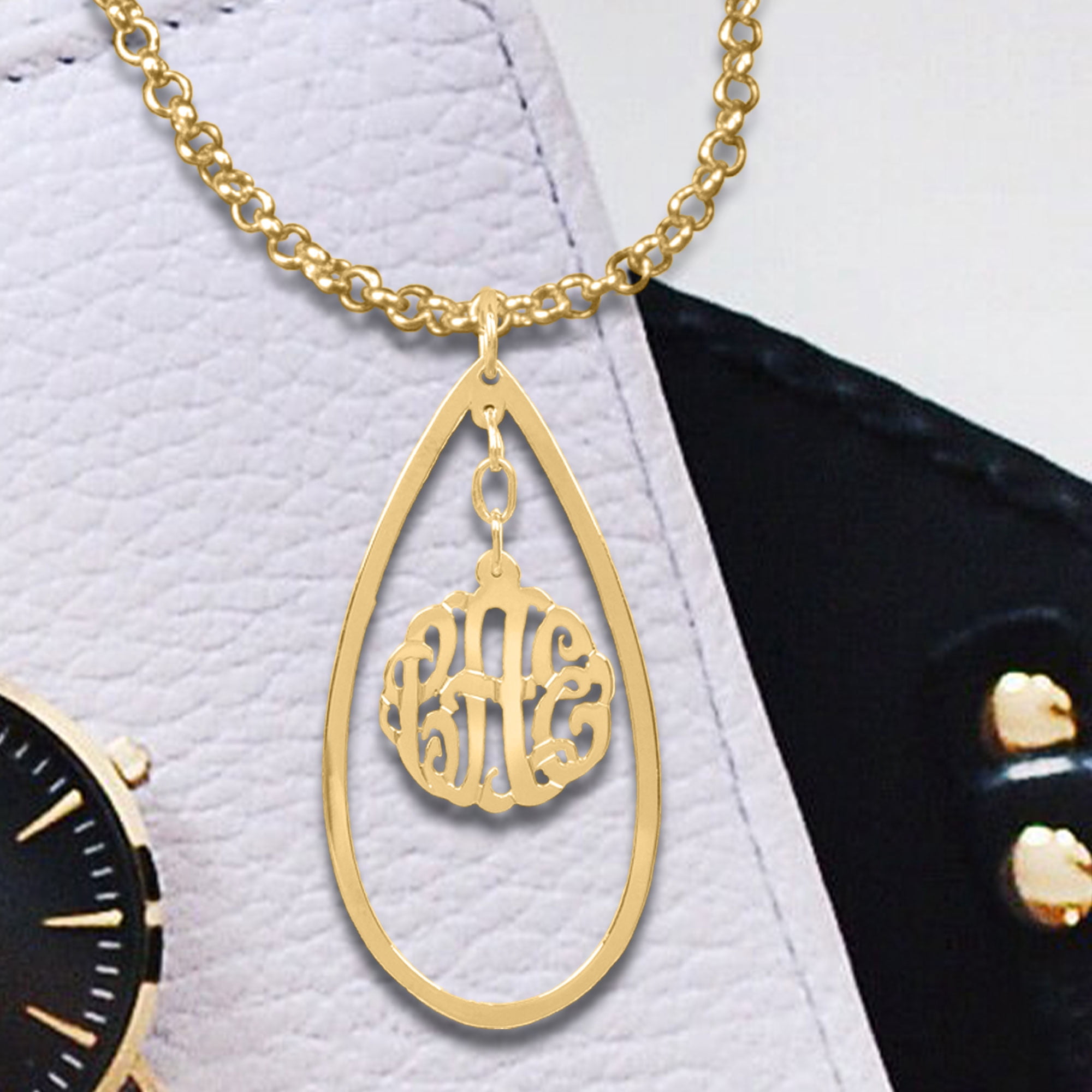 14K Gold Plated Sterling Silver or Sterling Silver Personalized Teardrop Hanging Pendant Monogram Drop Necklace