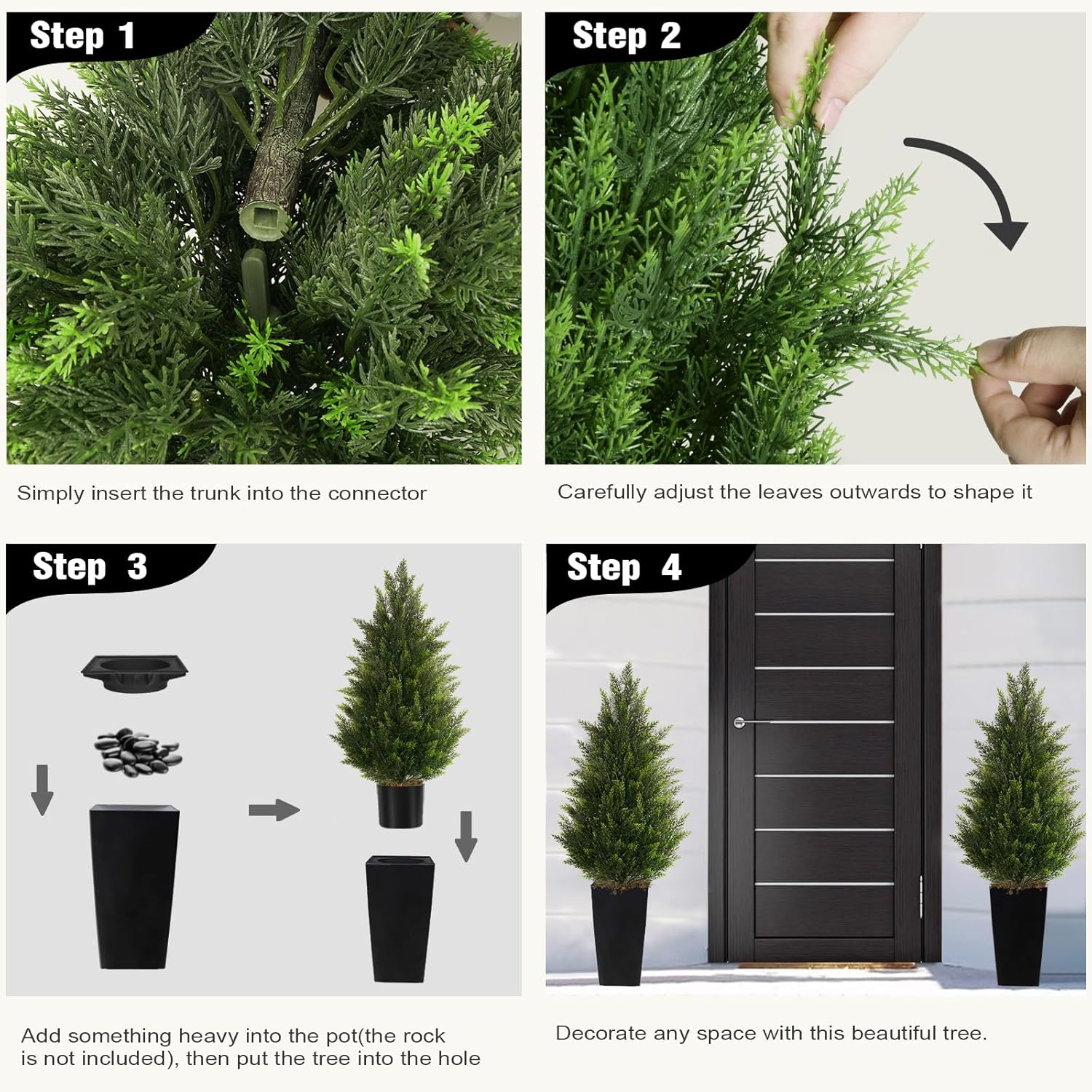 4FT Tall 2 Set Artificial Topiary Cedar Tree, Indoor Realistic Faux Cypress Plants with Square Flowerpot, Outdoor Evergreen Fake Shrubs for Home Living Room Front Porch Decor