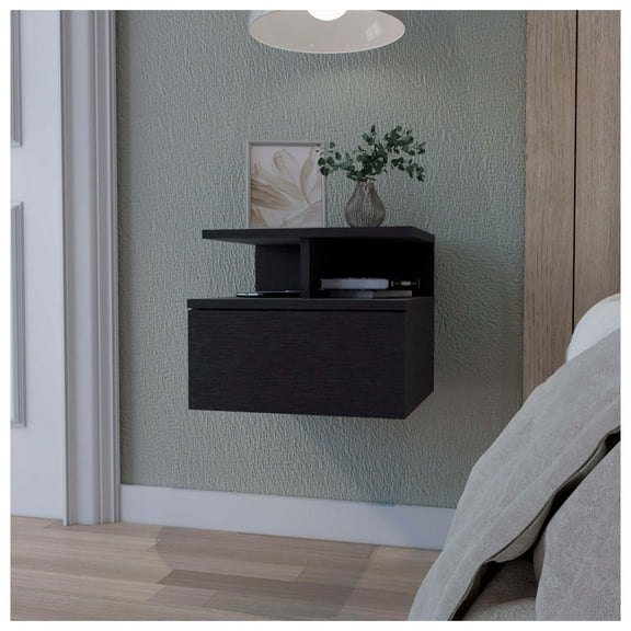 Floating Nightstand with Drawer & Shelves, Black - Modern Bedroom Side Table, Wall Mountable, 1 Drawer, 2 Tier Storage, Compact Nightstand for Bedside Black   1 Drawer