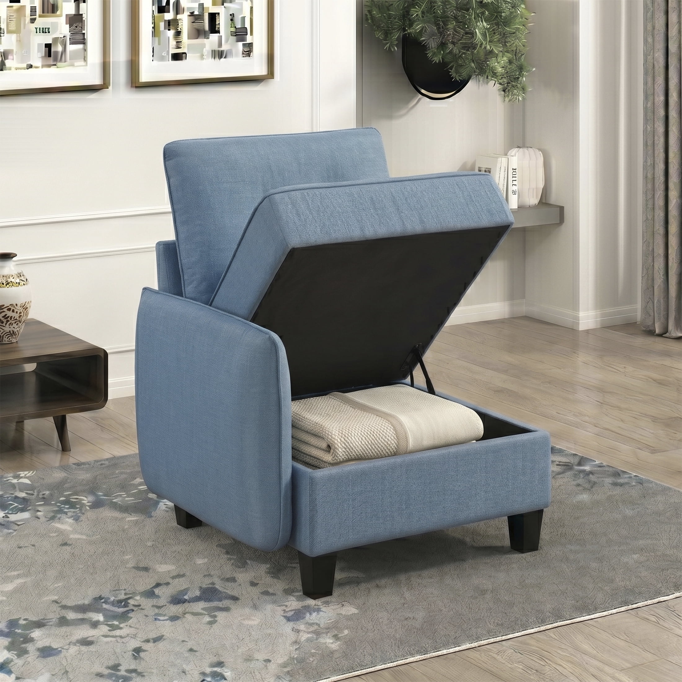 OakvillePark Silvercross Textured Fabric Reversible Chair with One Arm and Storage, Module for Modular Sectional Sofa, Blue