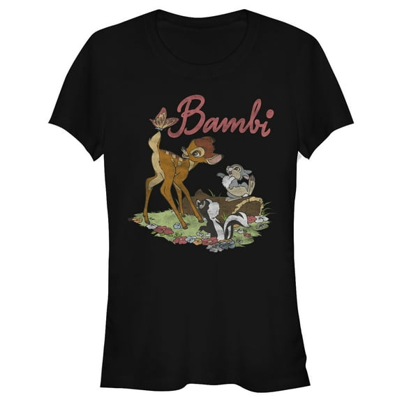 Junior's Bambi Flower, Thumper and a Butterfly Graphic Tee Black 2X Large