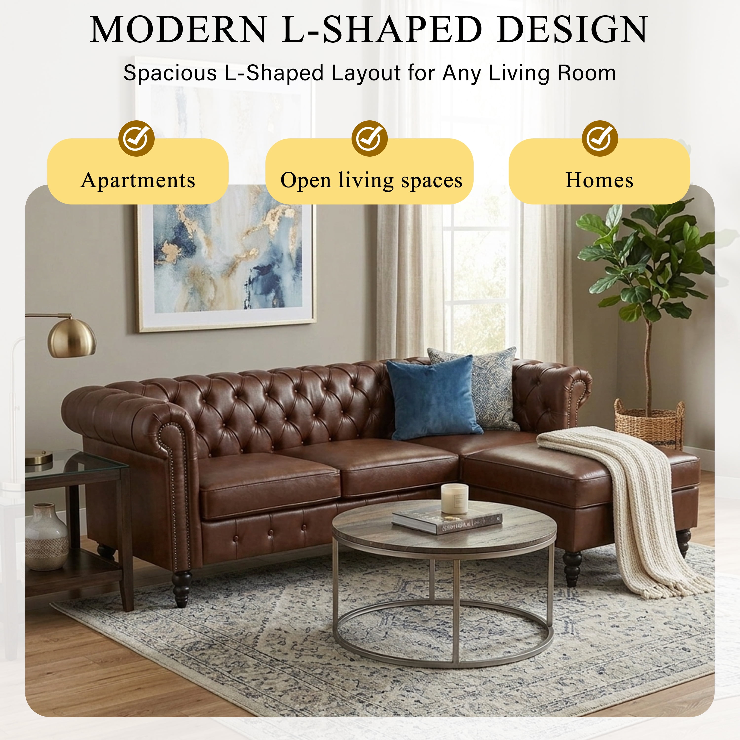 Howcool 85"W Chesterfield Sectional Sofa with Storage Ottoman,L-Shaped Faux Leather Sofa Couch,4-Seater Modular Sofa with Tufted Back & Nailhead Trim for Living Room,Brown