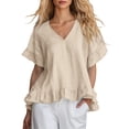 thumbnail image 2 of ClodeEU Women's V Neck Short Sleeve Blouse with Ruffle Hem, Casual Loose Fit Flowy Top Khaki,Women's Plus XXXL, 2 of 6