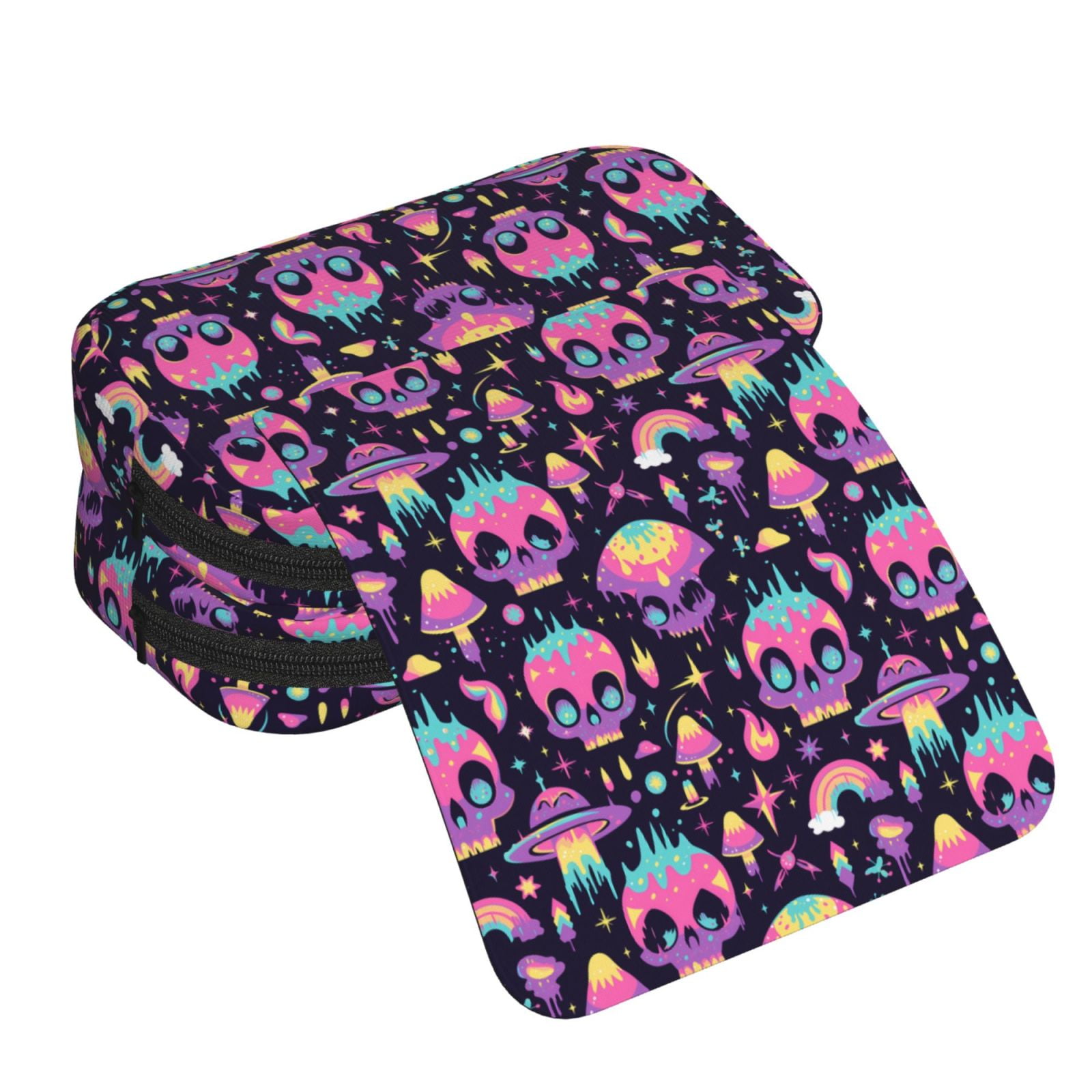 Rateoe cartoon Skull rainbow space Pattern Double Clamshell Pen Case, Storage Organizer with Two Zipper Compartments– Holds Up to 50 Pencils & Pens