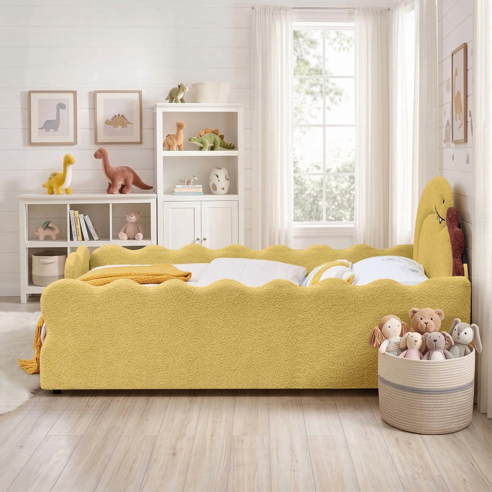 Full Size Kids Dinosaur-Shaped Platform Bed with Guardrails, Low-Profile Upholstered Boucle Fabric Playful Child Daybed Frame