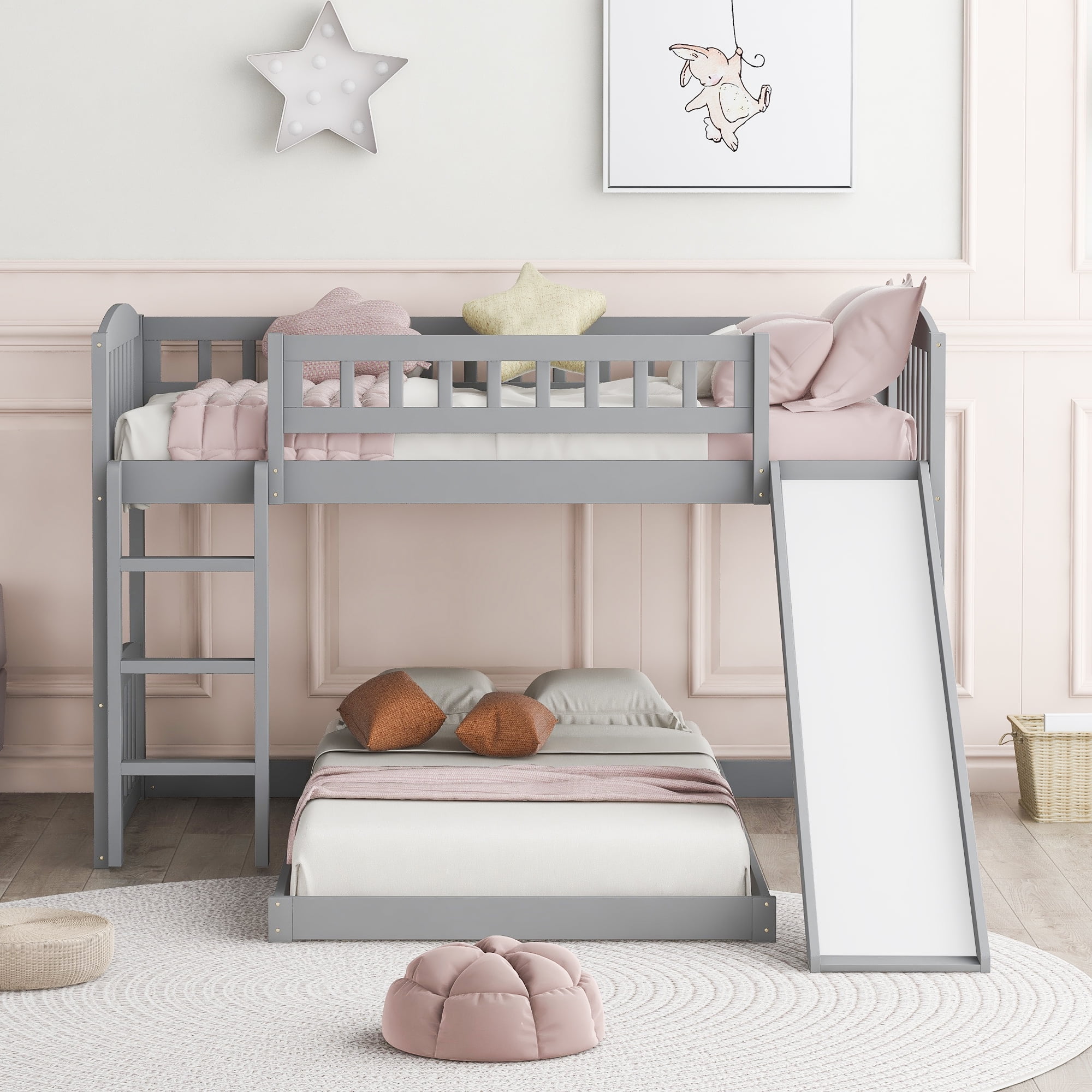Wood Bunk/ Loft Bed for Kids, Twin Size Bed with Slide and Ladder