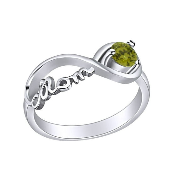 AFFY Mother's Day Jewelry Round Shpe Simulated Peridot Mom Infinity Ring 14k White Gold Over Sterling Silver