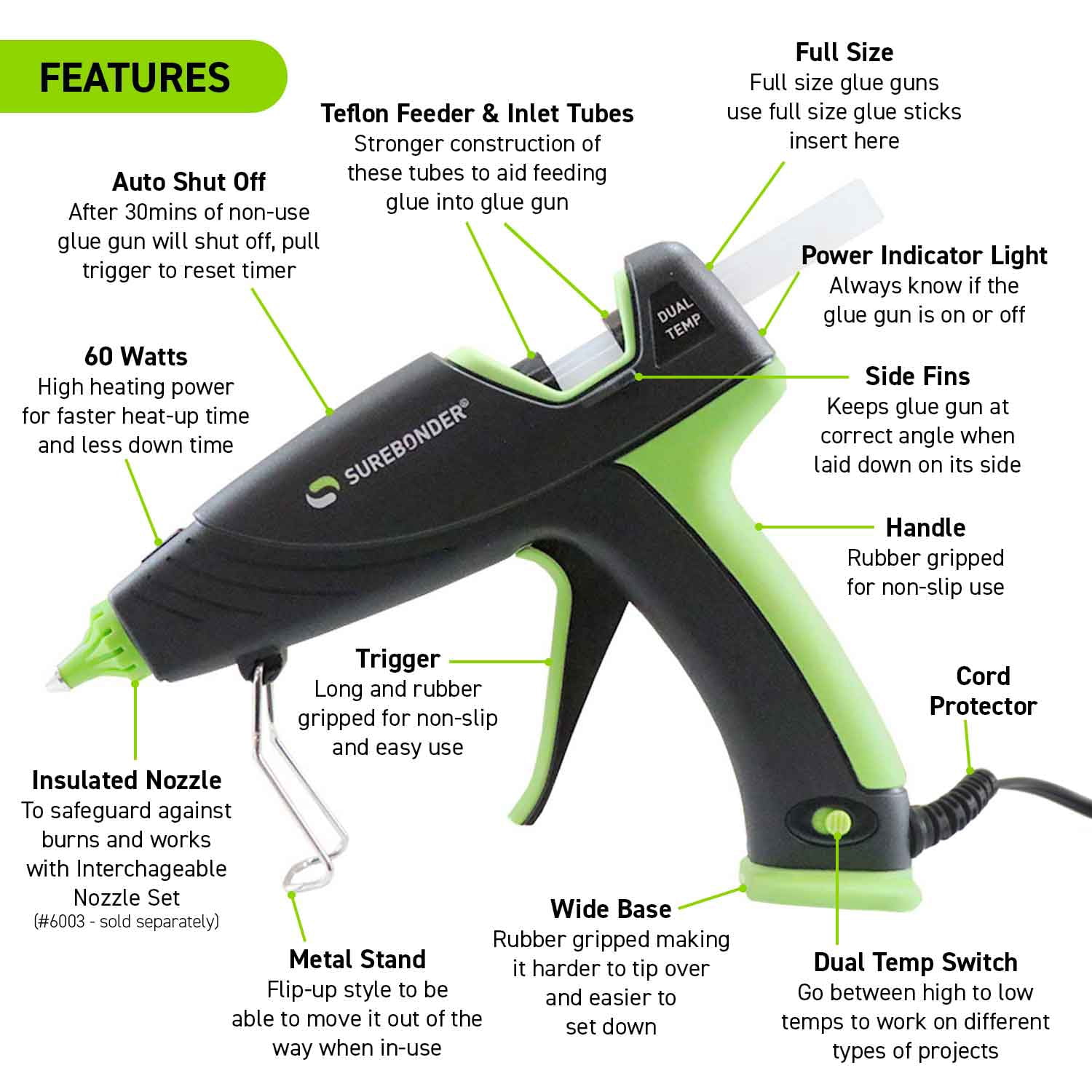 Surebonder Auto Shut Off Hot Glue Gun, Dual Temperature, Full Size, 1.5X Power of Full Size Glue Guns, Easy-Adjust Temp for Multiple Projects (Ultra Series DT-360F)
