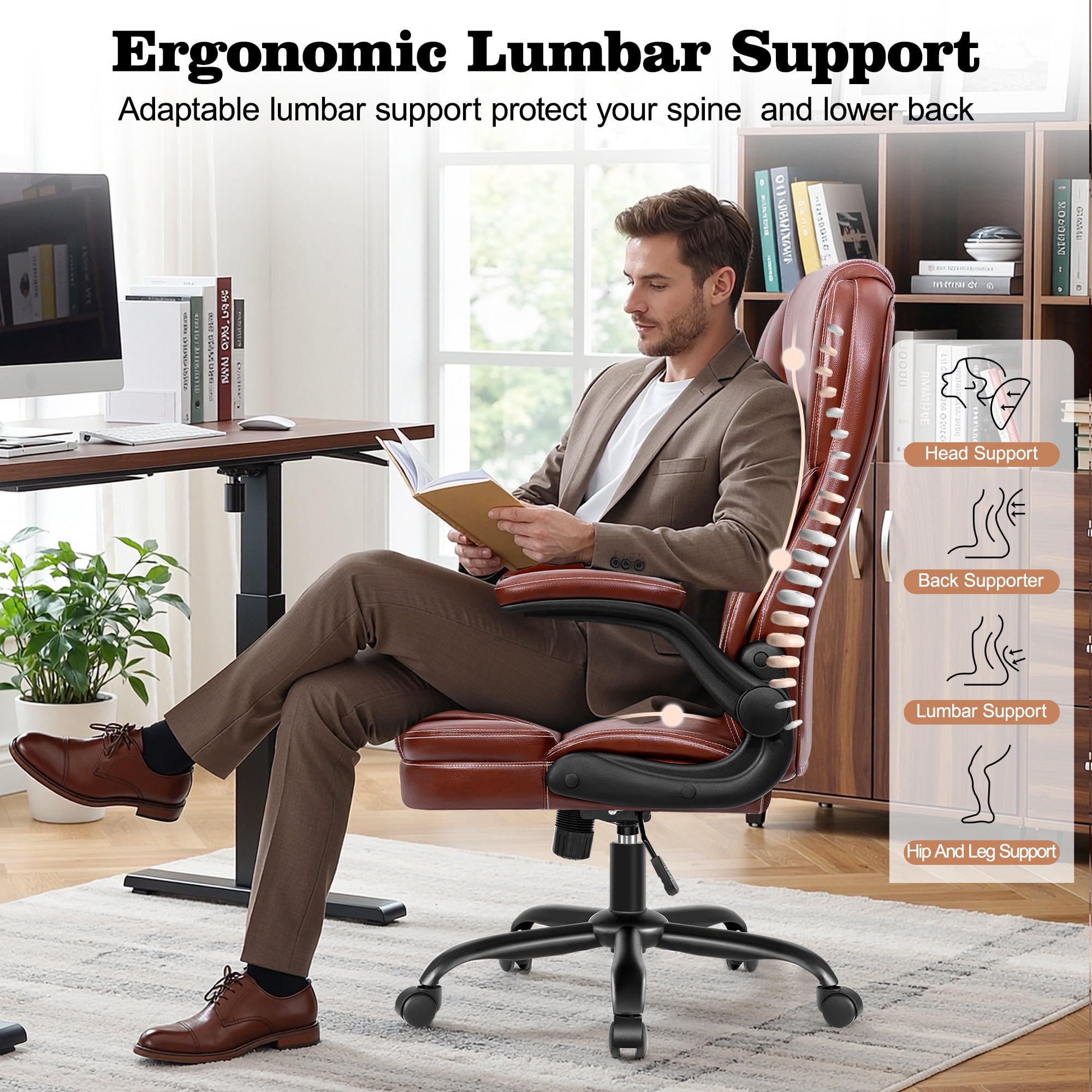 STACOO Large Executive PU Leather Office Chair with Adjustable Armrests, High Back and Lumbar Support, Ideal for Big and Tall Users, Home Office Chair Computer Desk Chair, Brown