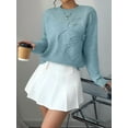 thumbnail image 5 of Women'S 3D Floral Appliques Crewneck Sweaters Long Sleeve Drop Shoulder Pullovers Elegant Knit Tops Sky Blue L, 5 of 8