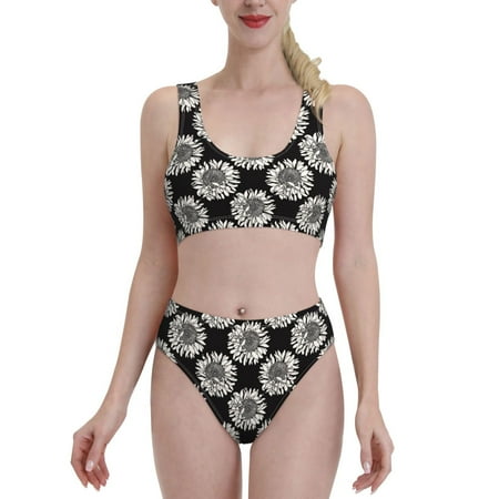 Fotbe White Sunflowers Women s High Waisted Bikini Tankini Sets Two Piece Bathing Suits High Cut Scoop Neck Swimsuit-Small