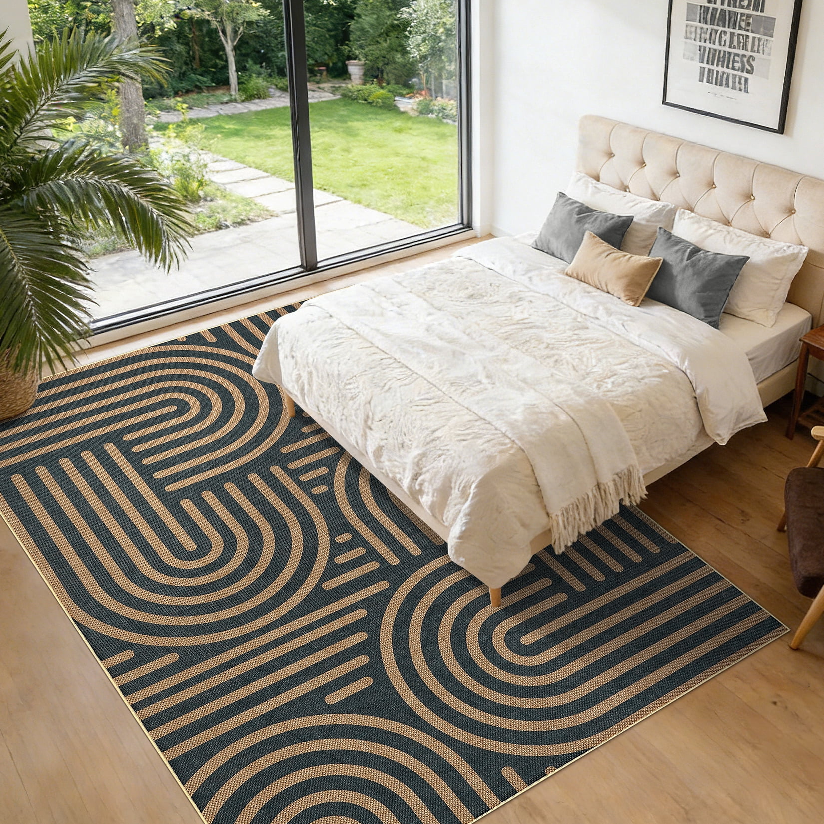 Garvee 5'x7' Geometric Area Rug Easy Jute Carpet, Abstract Washable Rug Rainbow Non Slip Indoor Outdoor Accent Rug for Living Room Bedroom Dining Room Balcony Patio, Black Coffee