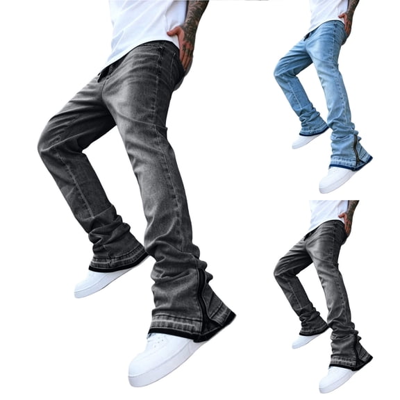 akafmk Fall Mens Vintage Flare Jeans Stretch Classic Straight Leg Denim Pants with Side Zip Hem Loose Stacked Casual Streetwear Pants, Size M
