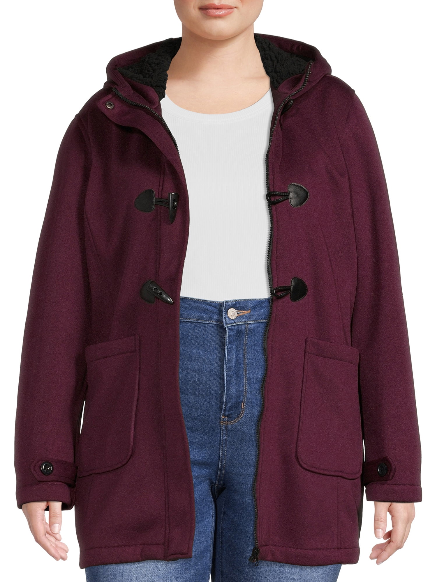 Yunmic Women Plus Size Fleece Irregular Long Sleeve Button Pocket Hooded Coat 