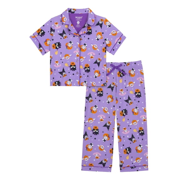 Hello Kitty Girls Halloween Short Sleeve Sleep Notch Collar Top and Pants Pajama Set, 2-Piece, Sizes 4-12