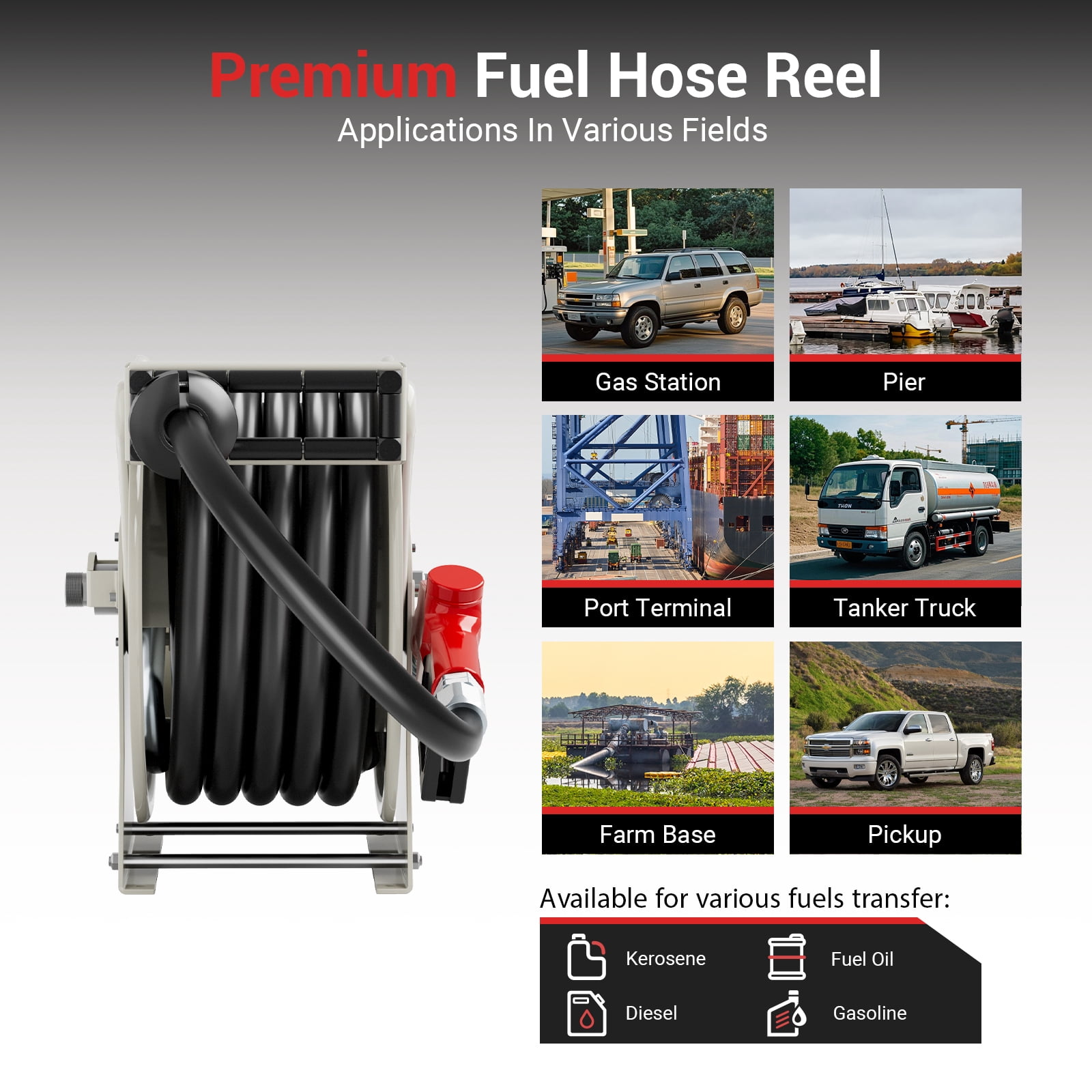 XUTUMM Fuel Hose Reel Retractable 3/4" x 66' Adjustable Dual Arm, All-weatherAuto Rewind, Heavy Duty Steel, with Fueling Nozzle for Aircraft Ship Vehicle Tank Truck, 300 PSI