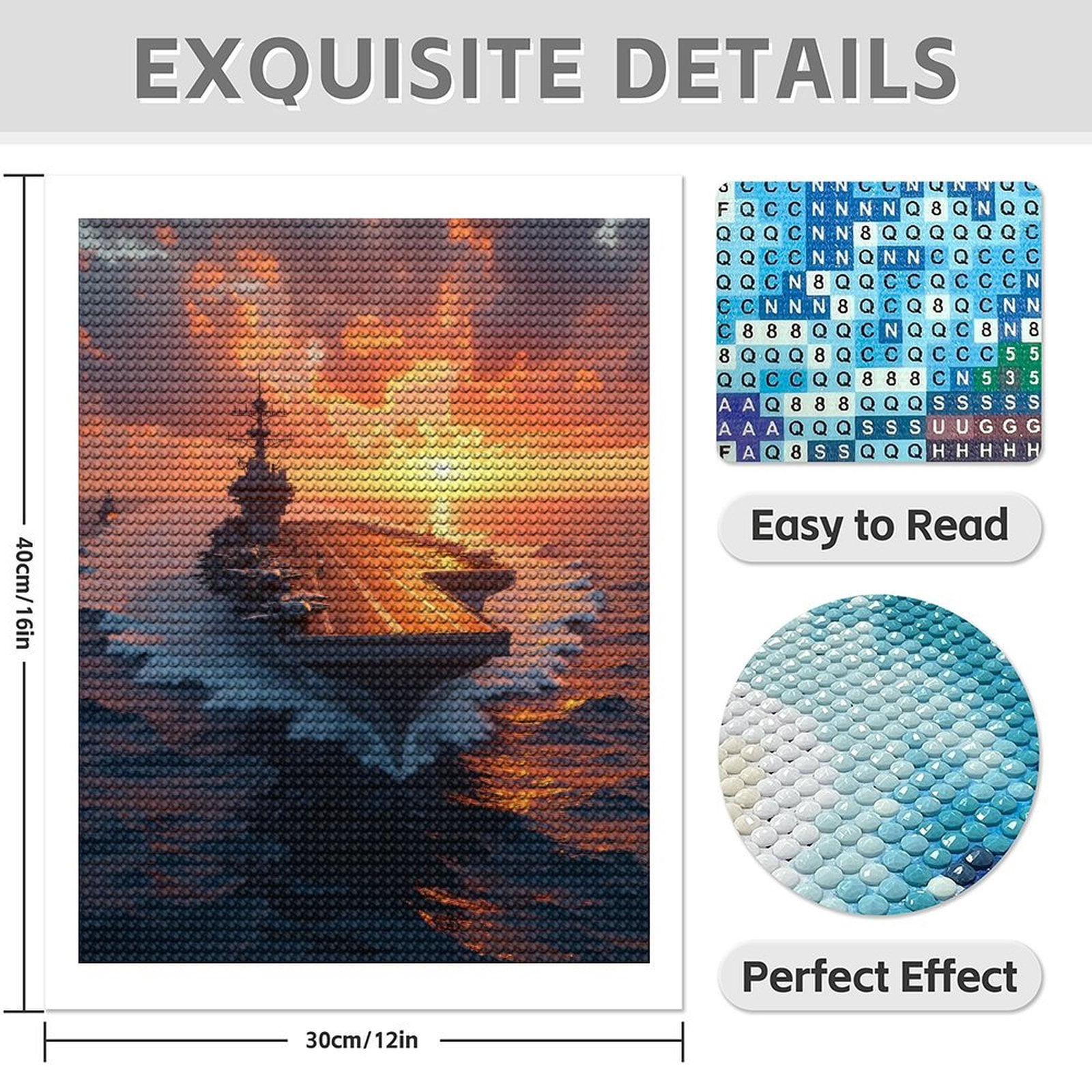 Diamond Art Kit for Adults, Aircraft Carrier Ocean Sunset Scene Diamond Painting for Adults Beginners, 5D DIY Diamond Art Painting Kits, Colorful Diamond Painting Craft for Home Decor 12x16
