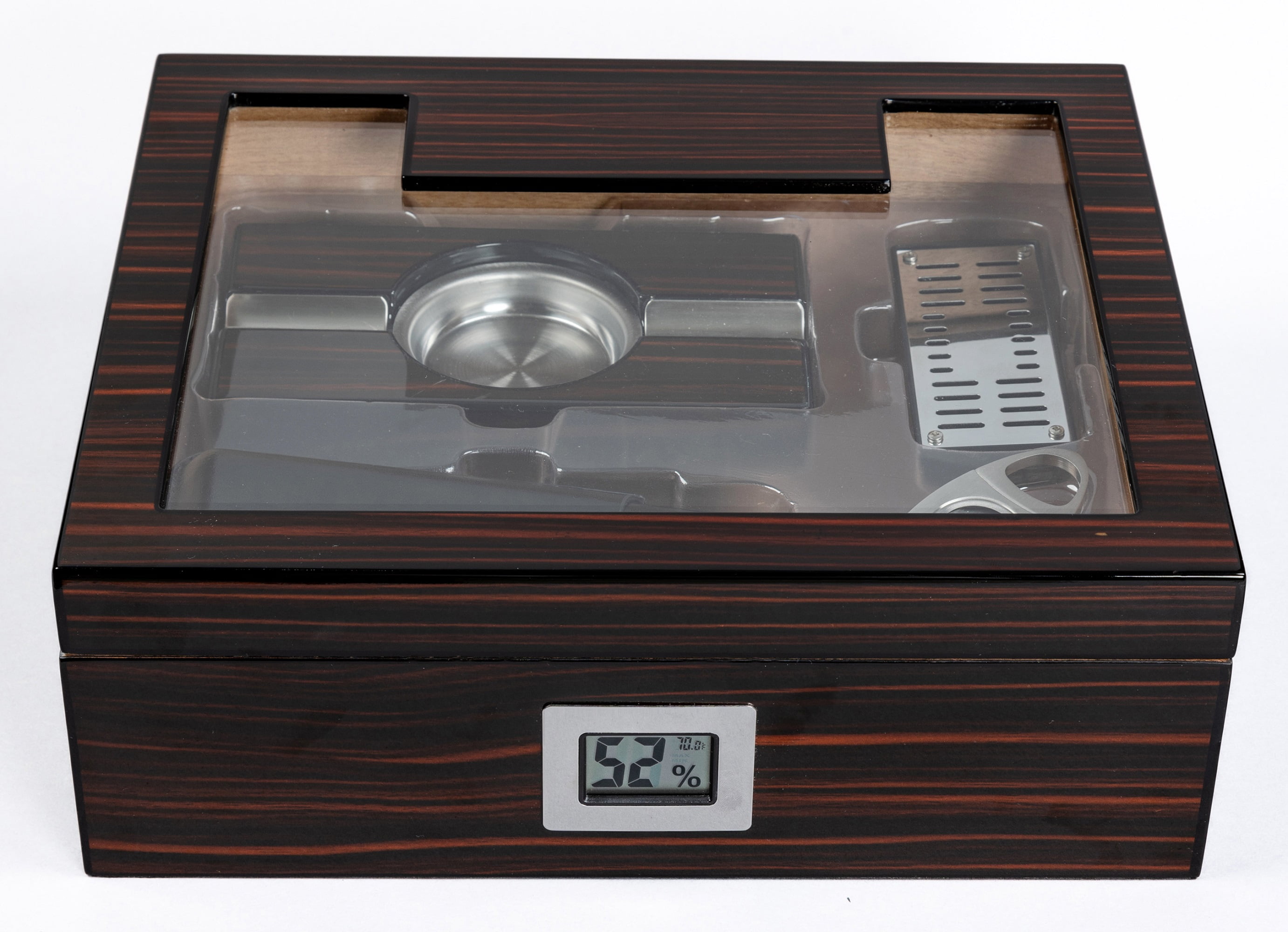 Kensington Cigar Humidor Gift Set w/ External Digital Hygrometer - Cherry Ebony Lacquer Finish - Capacity: 75