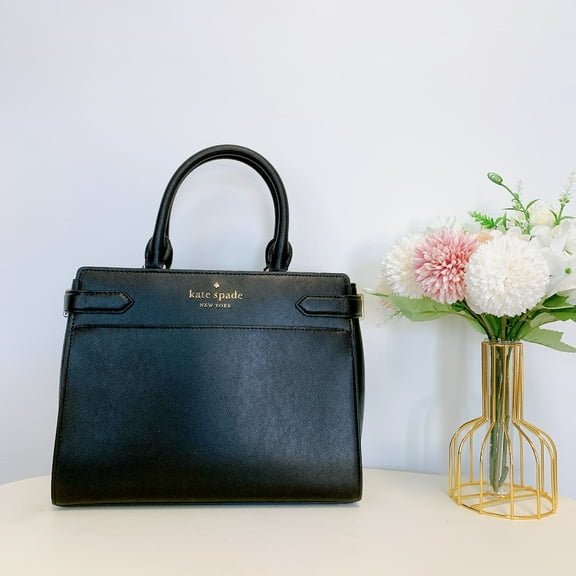 Kate Spade Staci Medium Saffiano Leather Top Zip Satchel Purse Crossbody Black
