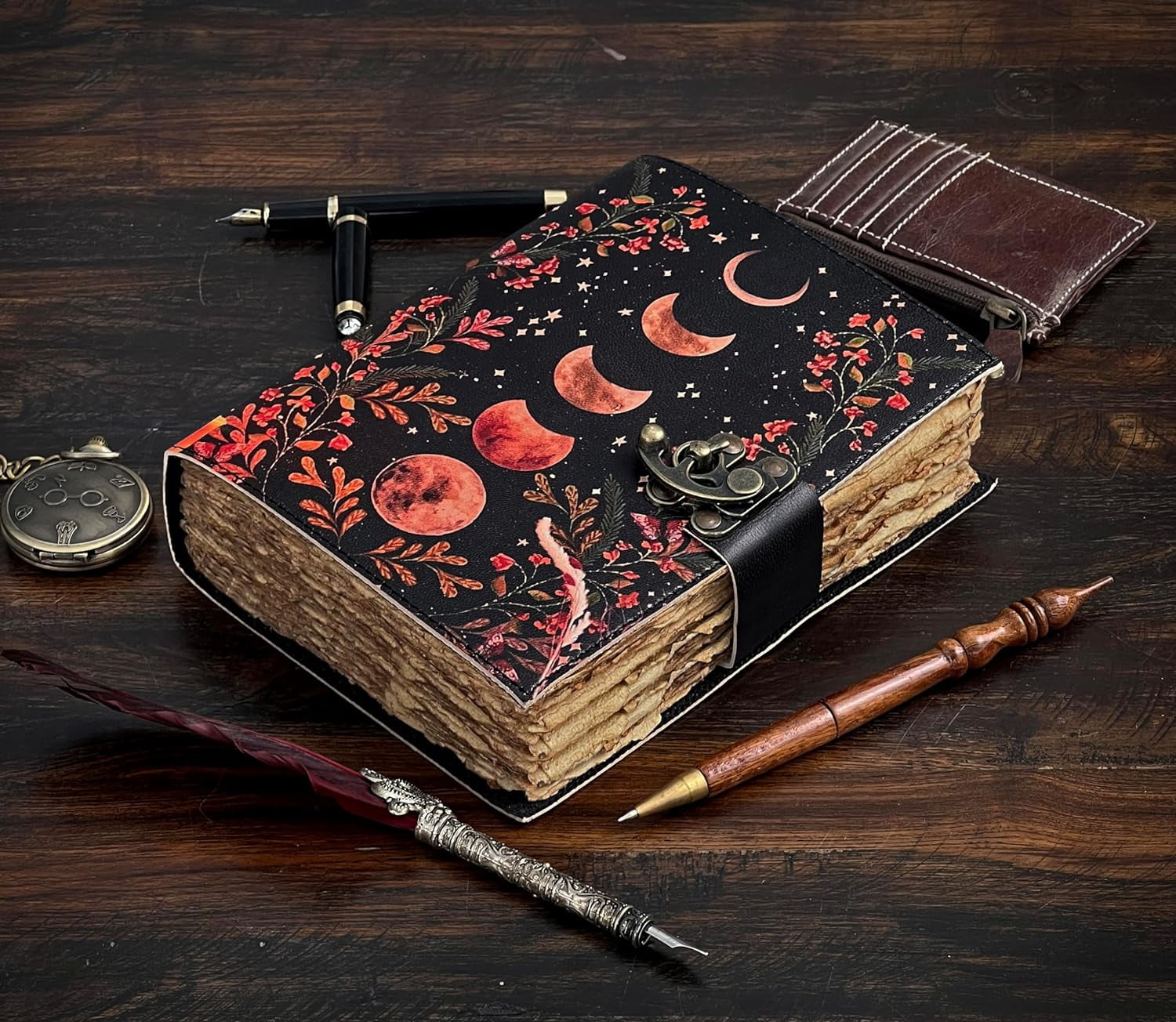 Blank Spell Book of Shadows Journal with Lock Clasp Vintage Handmade Leather Journal Moon Phase Print Diary Prayer Pagan Witchcraft Supplies Wiccan Decor Notebook Daily (10x7 Inch)