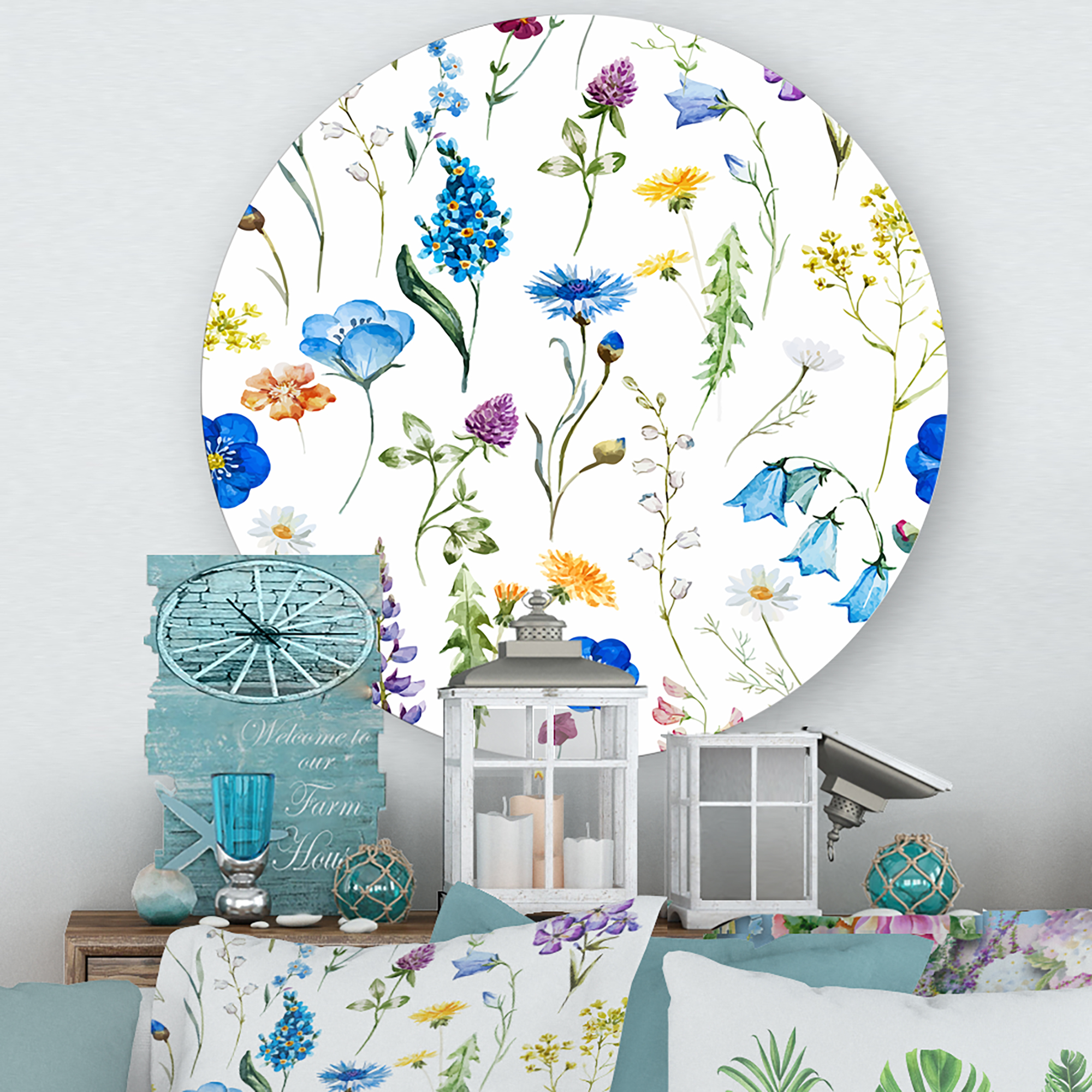 Designart 'Blue Wildflowers With Leaves I' Traditional Circle Metal Wall Art 23x23 - Disc of 23