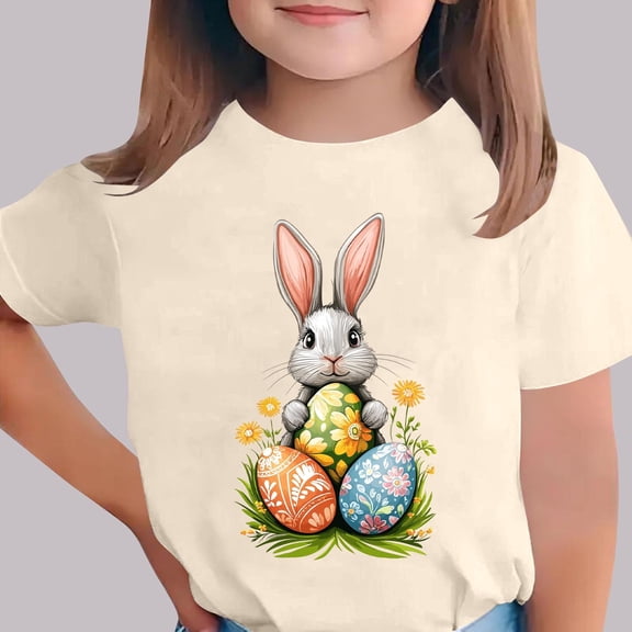 Easter Outfits for Girls Easter Bunny Egg Printed Round Neck Short Sleeved Casual Kids T-shirt 3-15Y Beige 9-10 Years