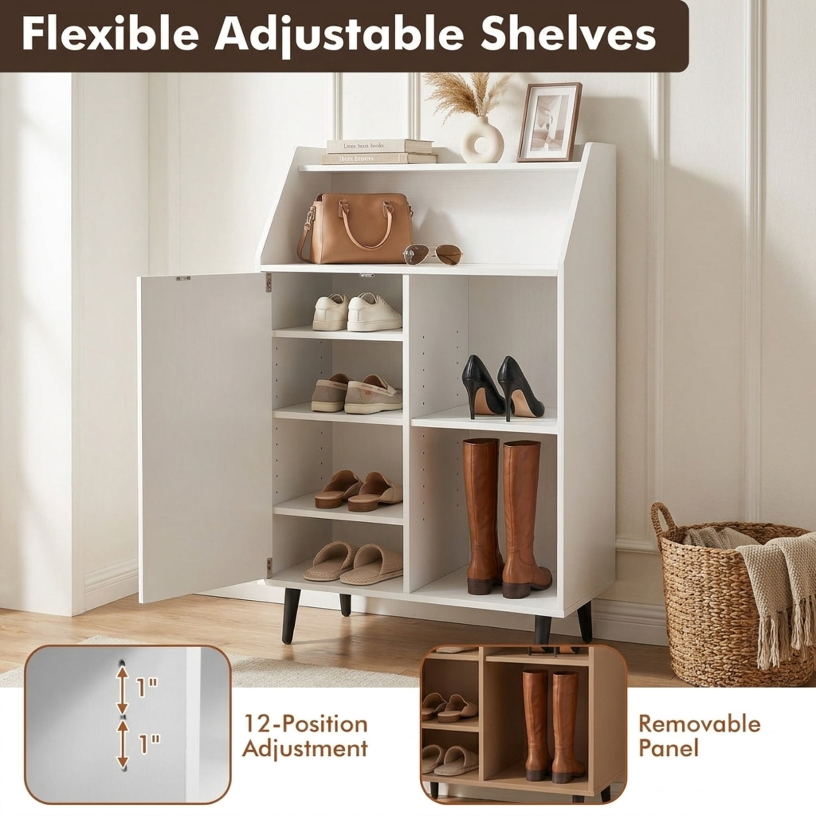 Furnibear Shoe Storage Cabinet with 2 Tier Open Compartment and 4 Tier Adjustable Shelf for Entryway Living Room Closet Bedroom, White