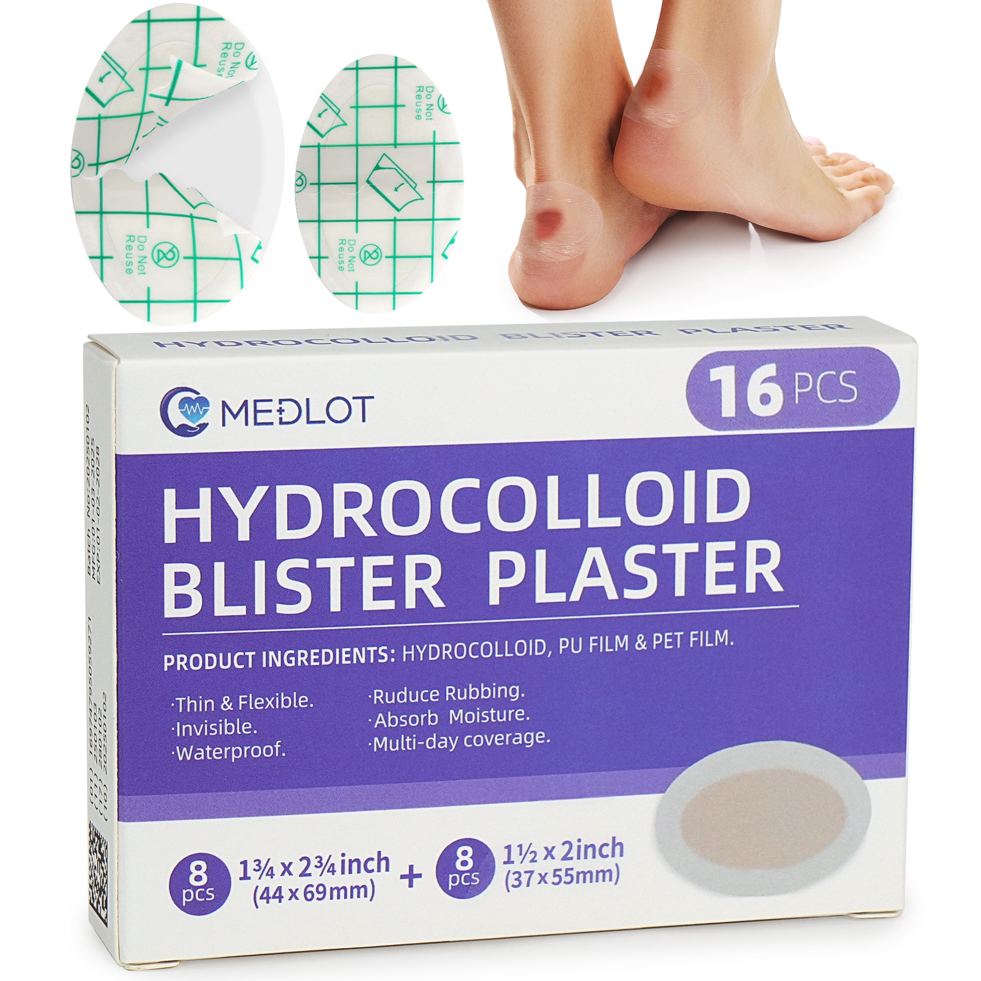 LotFancy Blister Bandages, 16 Invisible Blister Pads, 2 Size Blister Cushions for Toes,Heel