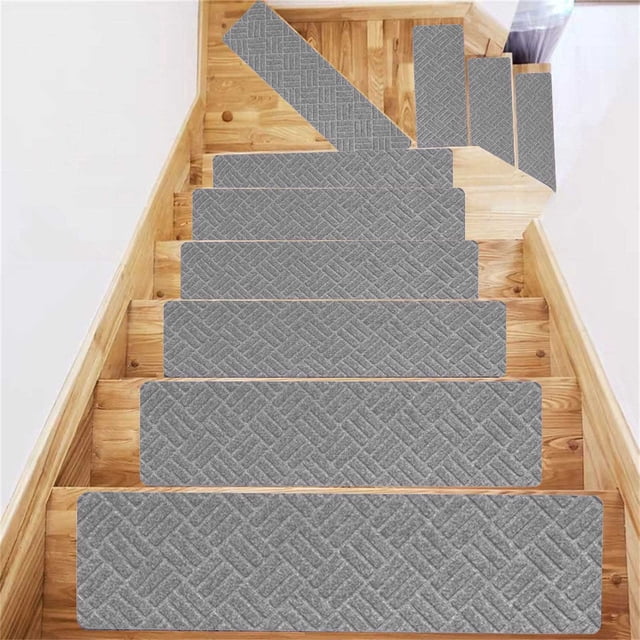 Non Slip Staircase Pad, Self Adhesive Step Mat, Washable Floor Pad for Wood Marble Glass, Polyester Stair Tread with Brushed Embossed Surface, Reusable Home Stair Protector