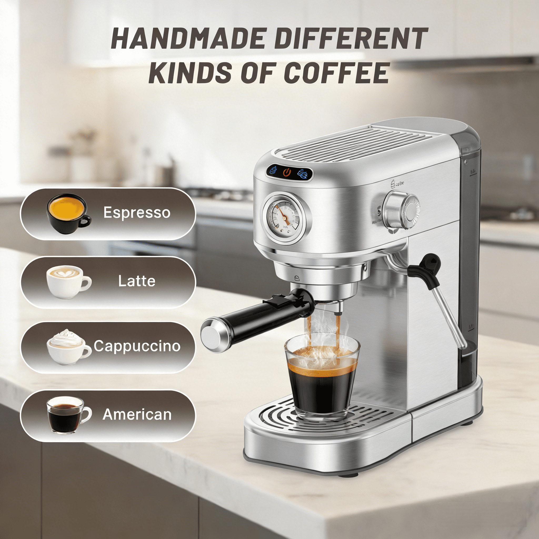 Espresso Machine with Steam Milk Frother, 20 Bar Professional for Home, Compact Stainless Steel with 34oz Removable Tank, Silver